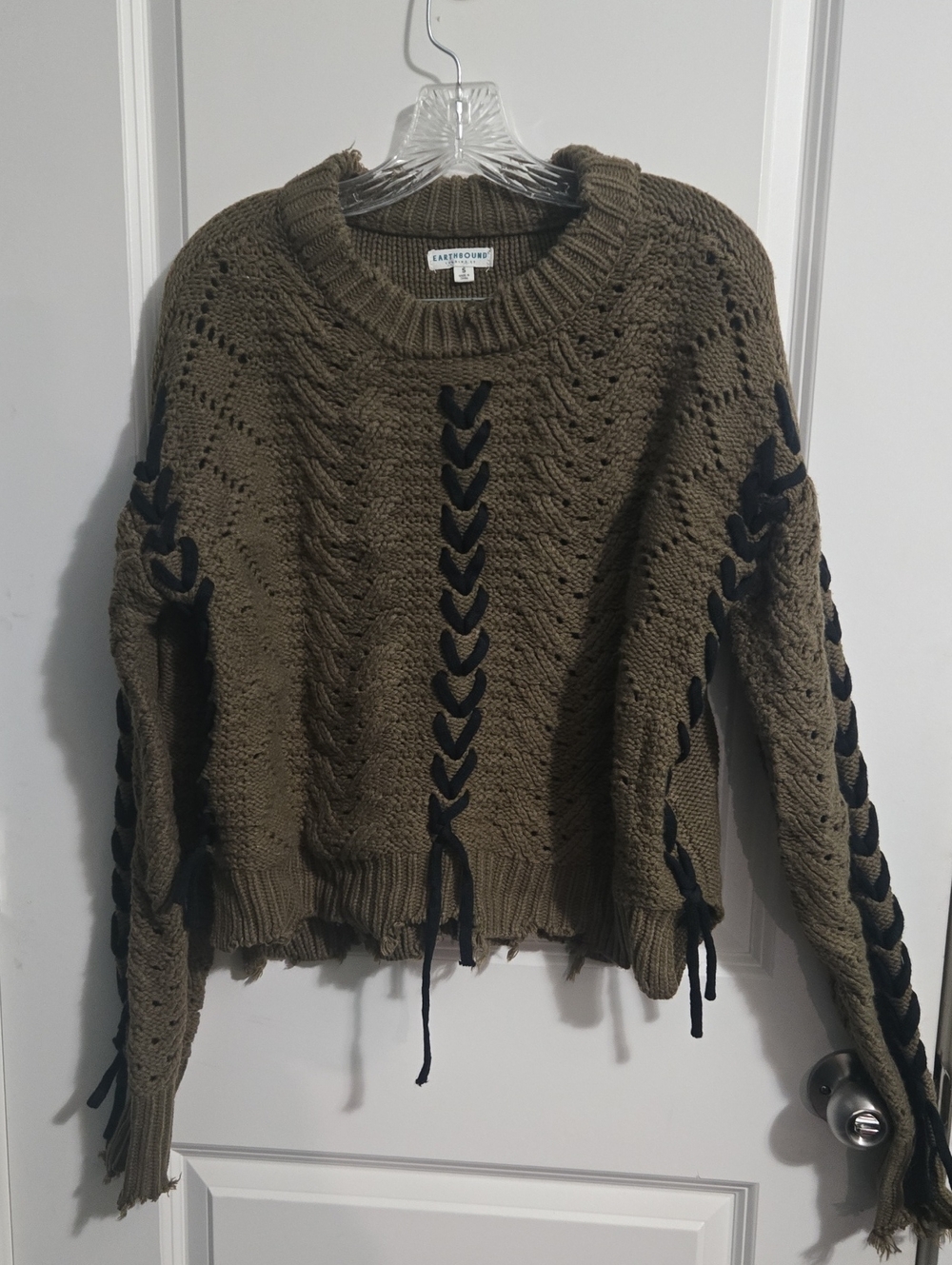Cable Knit Olive Crewneck Sweater with Black Lace-Up Detail
